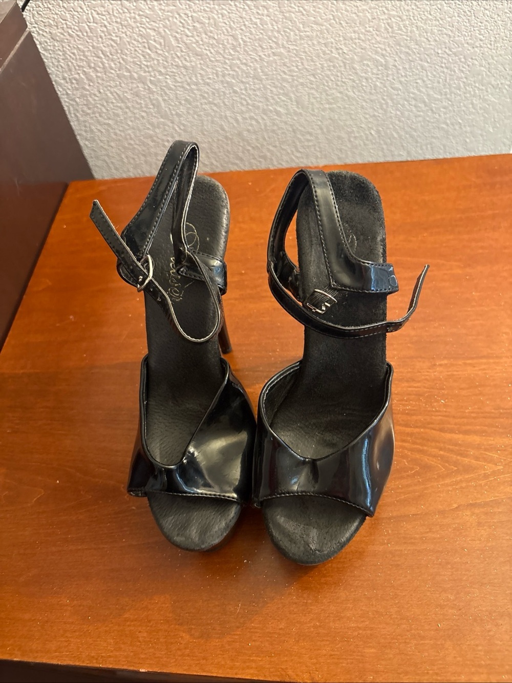 Pleaser Black Patent Open-Toe Ankle-Strap Heels dancer stripper stilettos 7